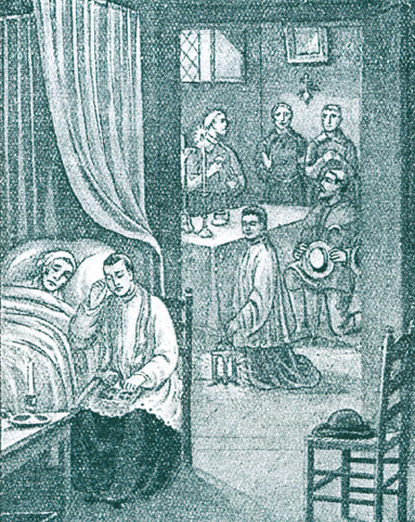 Alte Drucke, die das Wunder des Leinens darstellen, das den Boden des Behälters bedeckte. Beunruhigt und von Panik erfasst