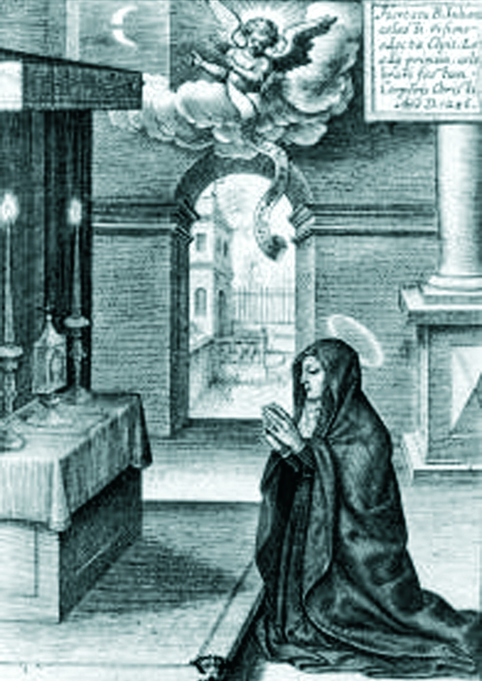 Die heilige Juliana von Cornillon empfängt die mystische Vision des Vollmonds mit einem dunklen Streifen, der das fehlende Fest der Eucharistie symbolisiert