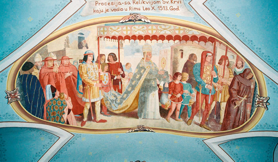 Fresko mit Darstellung der Prozession in Rom im Jahr 1513, bei der Papst Leo X. die kostbare Reliquie durch die Straßen der Stadt trägt
