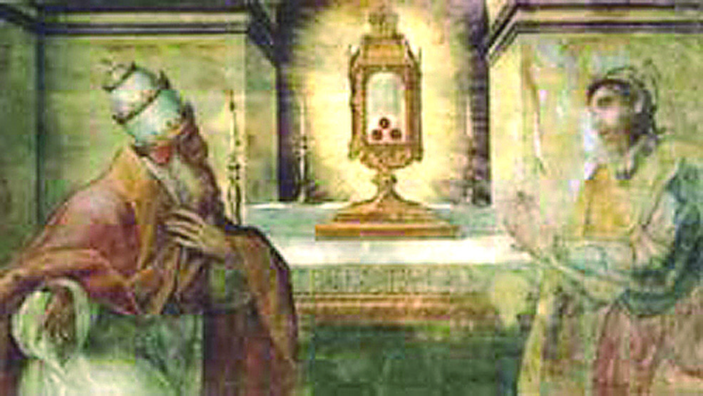Dipinto storico di Papa Pio II mentre venera la preziosa reliquia del Sacro Sangue