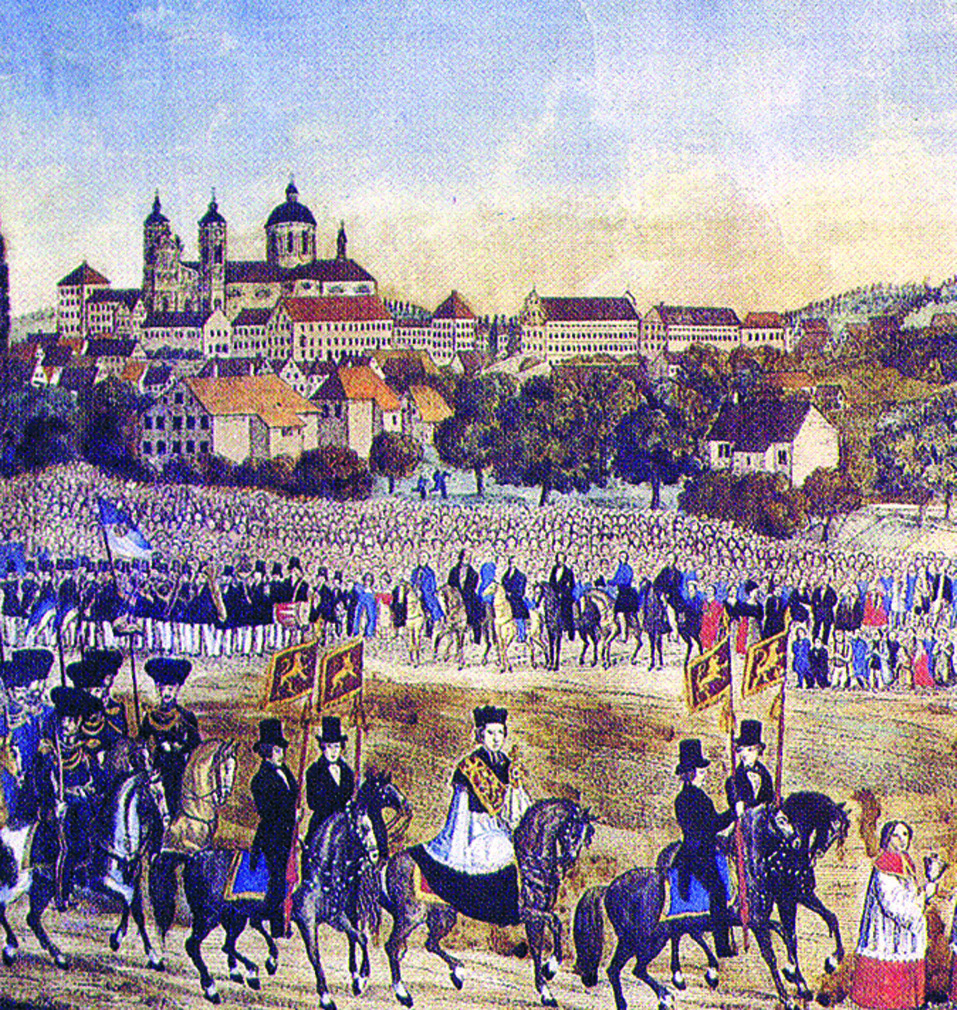 Dipinto antico raffigurante il corteo equestre 'La cavalcata del sangue' (Blutritt) a Weingarten