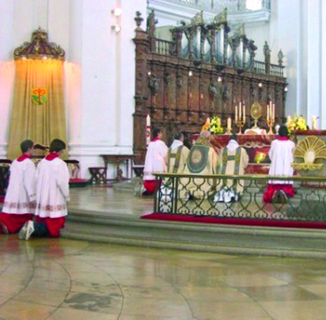 Benedictine monks in solemn procession with the precious reliquia through the abbey grounds