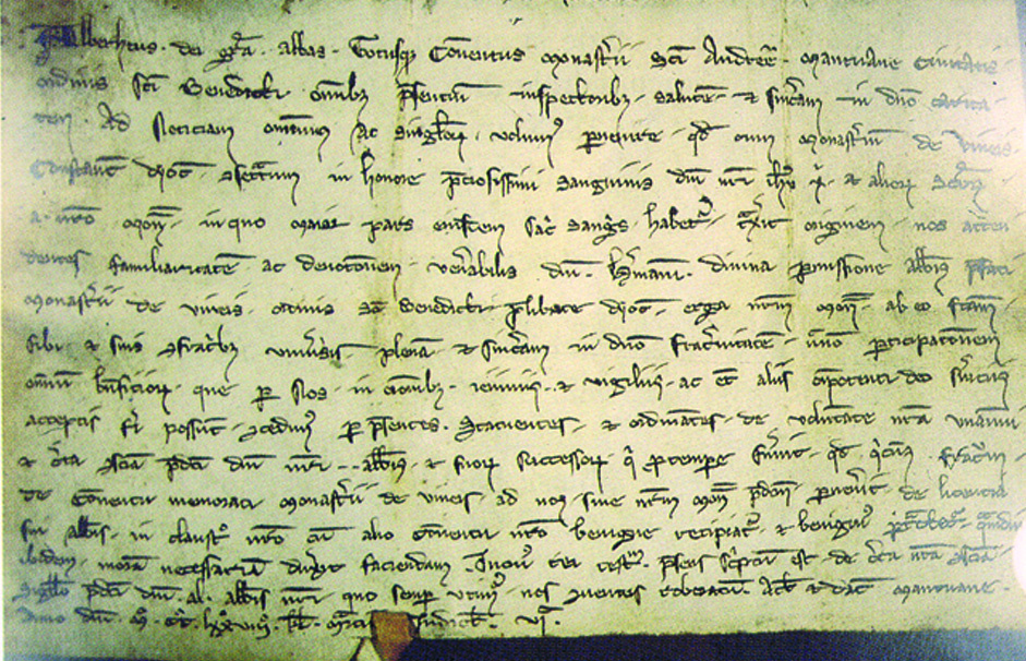 Historical letter (1 March 1278) from Abbot Albert of Mantua confirming the authenticity of the Weingarten reliquia