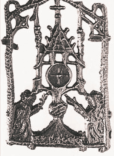 Skulptur der antiken Monstranz, die die wundersame Hostie enthielt