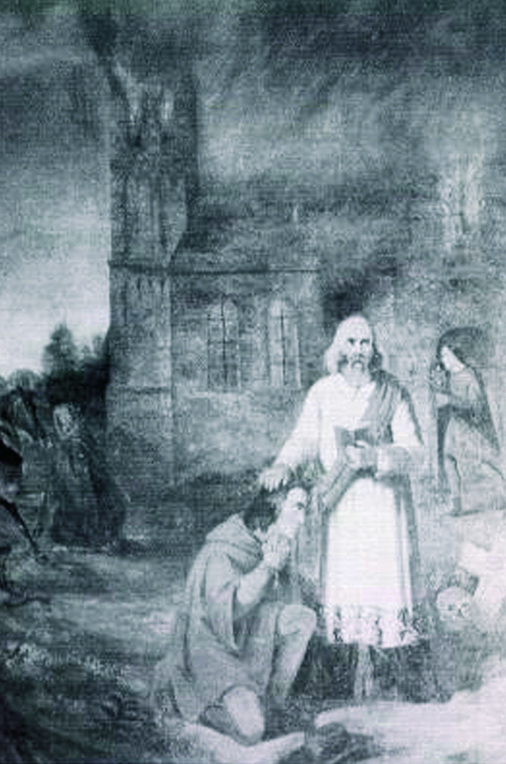 Immagine che mostra il miracolo. In basso si vede Jan Bolloys mentre salva il Santissimo Sacramento