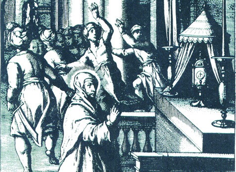 Santa Chiara regge l'ostensorio contenente il Santissimo Sacramento dalla finestra del convento, mettendo in fuga le truppe saracene