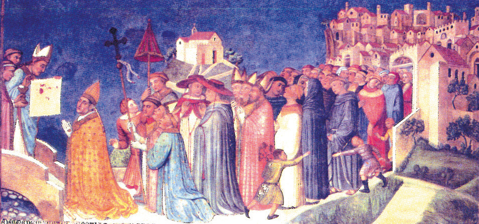 miracolo avvenuto La Processione sul Ponte di Riochiaro, (artista: Ugolino d' Ilario). Duomo di Orvieto