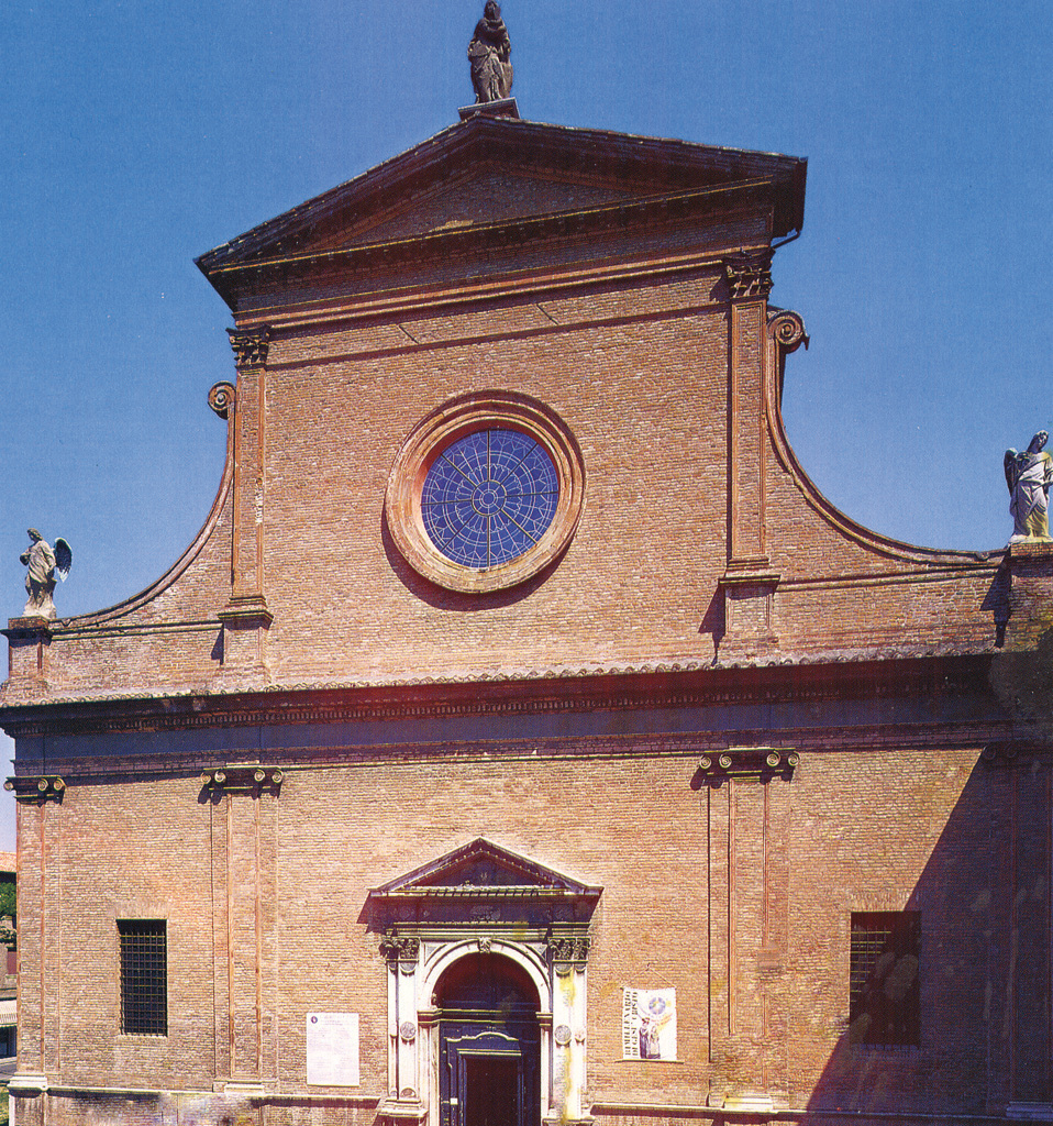 Johannes Paulus II pauzeert voor het plafondgewelf in de Mariakerk van Ferrara in V ado, Ferrara