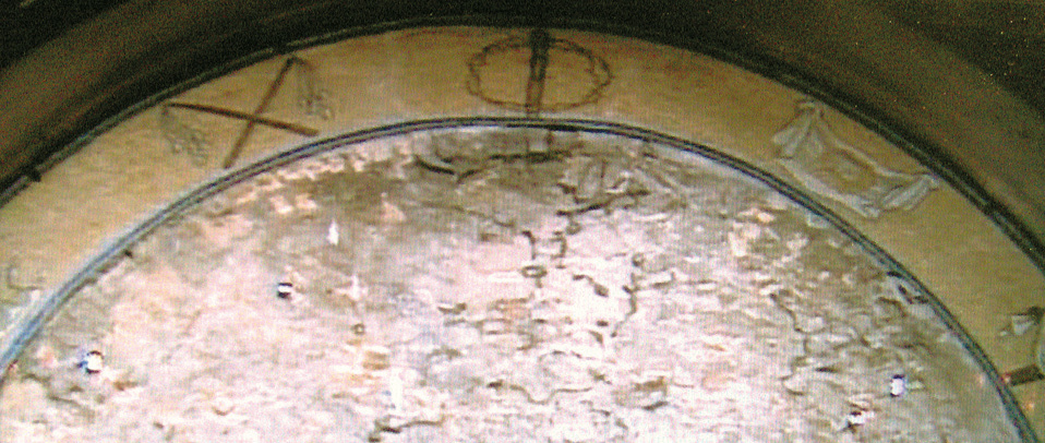 Detail van het gewelfplafond besmeurd met bloed