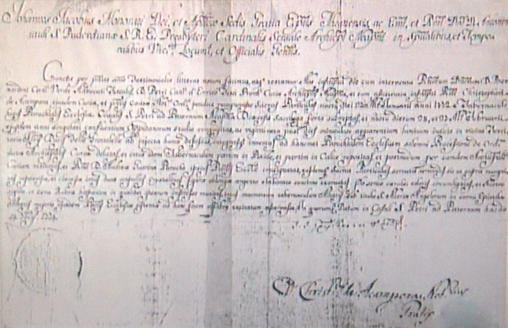 Documento con cui il Cardinale Ursi eleva la Chiesa di San Pietro a santuario eucaristico diocesano