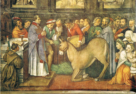 Ospite e rifiutò il suo cibo. Affresco di Girolamo Tessari (1511). Basilica di Sant'Antonio, Padova