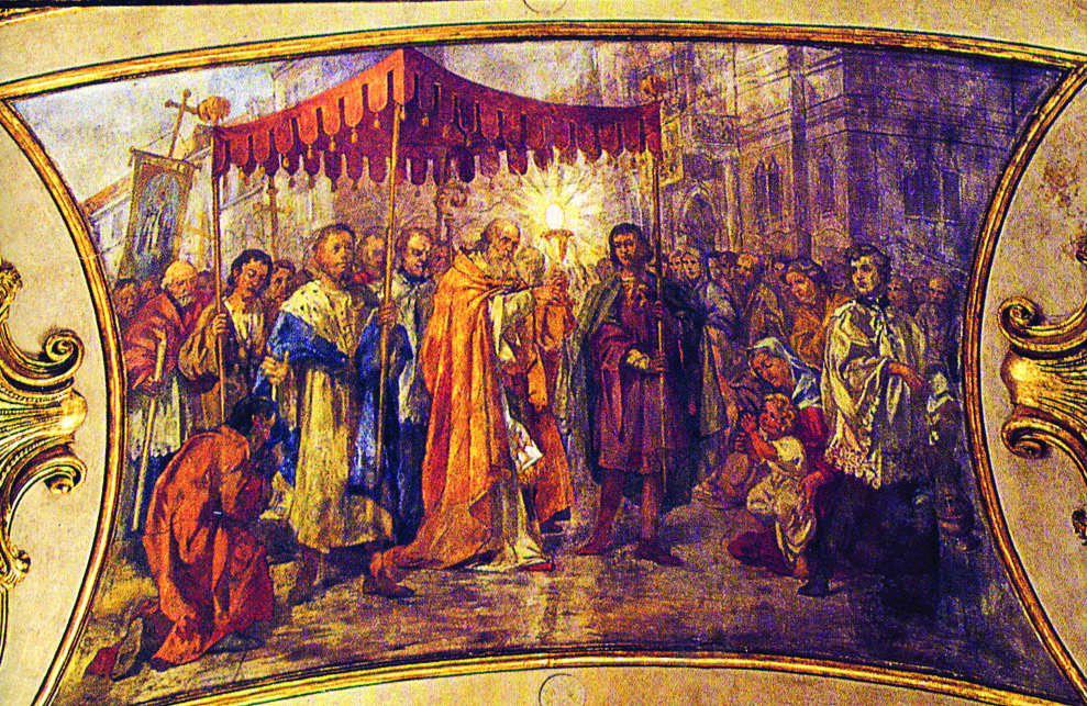 Affresco sul soffitto della Basilica del Corpus Domini raffigurante la luce celeste del Miracolo