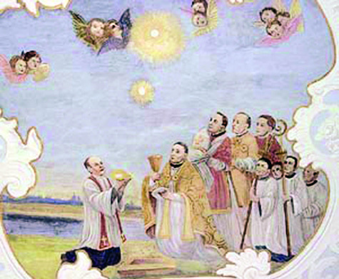 A fresco located on the ceiling of the Sacristy of the Eucharistic Shrine, in which a scene of the