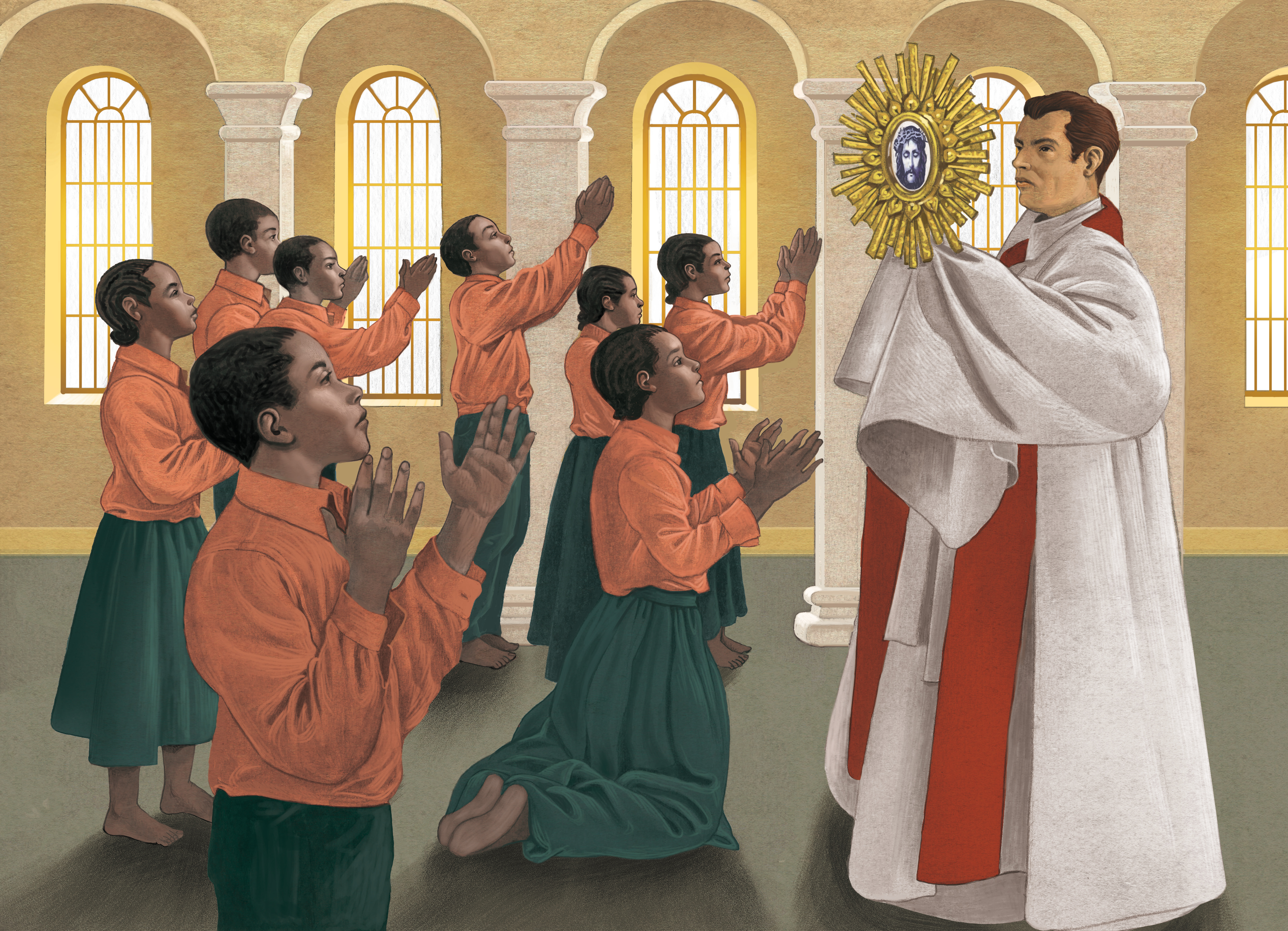 Vergoldetes Reliquiar und heilige Reliquie aus dem eucharistischen Wunder von Saint-André de la Réunion (1902)