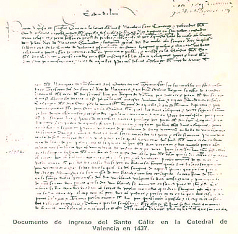 Documento de ingreso dcl Santo COIiz en Ia Catedral de Valencia 1437. Dokument über den Empfang des Heiligen Kelchs in der Kathedrale von Valencia im Jahr 1437